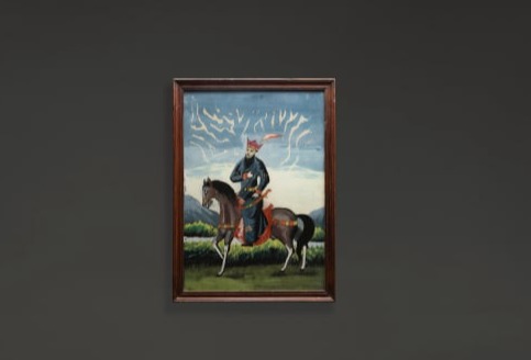 REVERSE GLASS PAINTING OF A PERSIAN HORSE-RIDER
