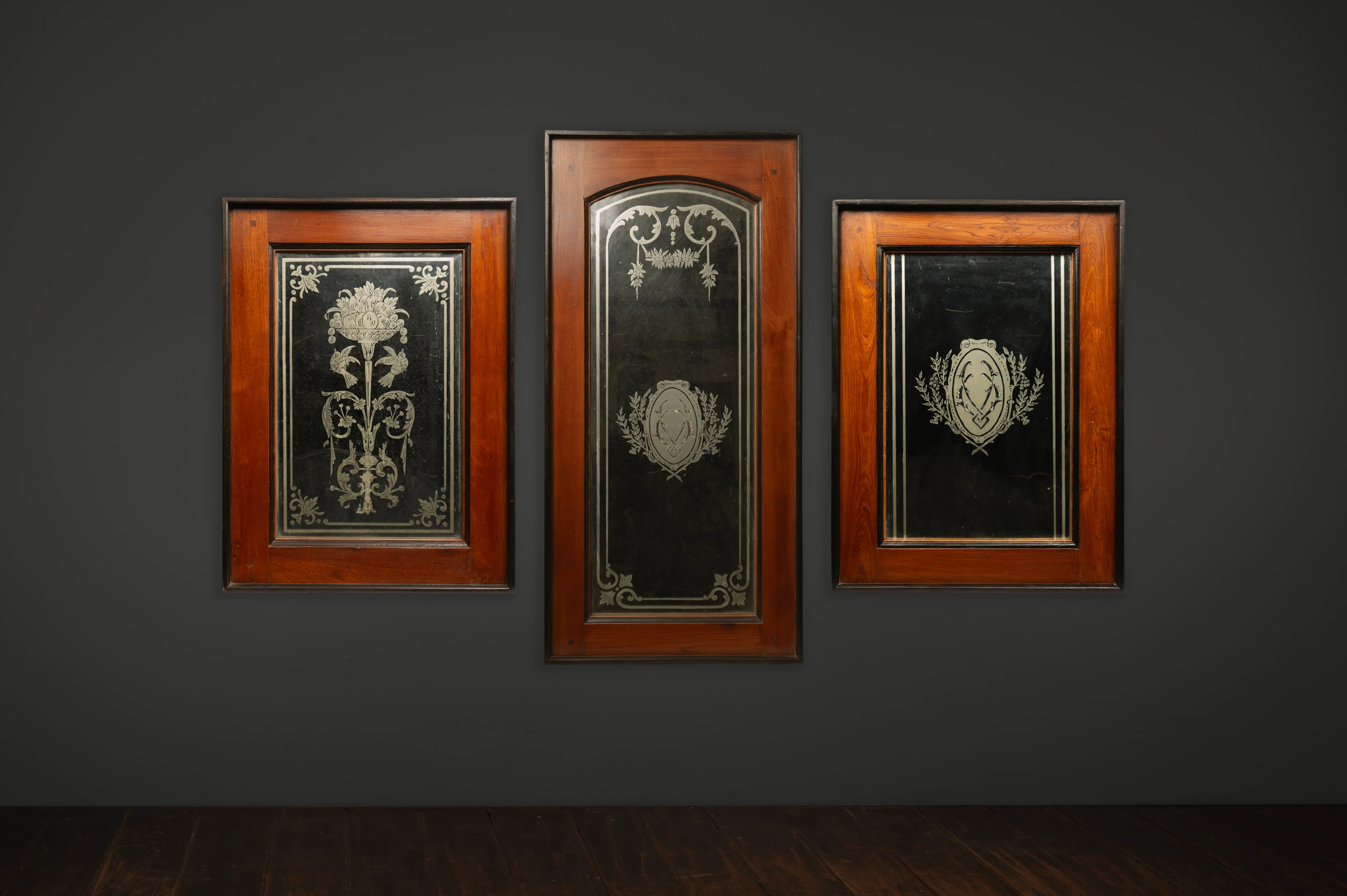 Set of Three Etched Glass Panels in Teak Frames