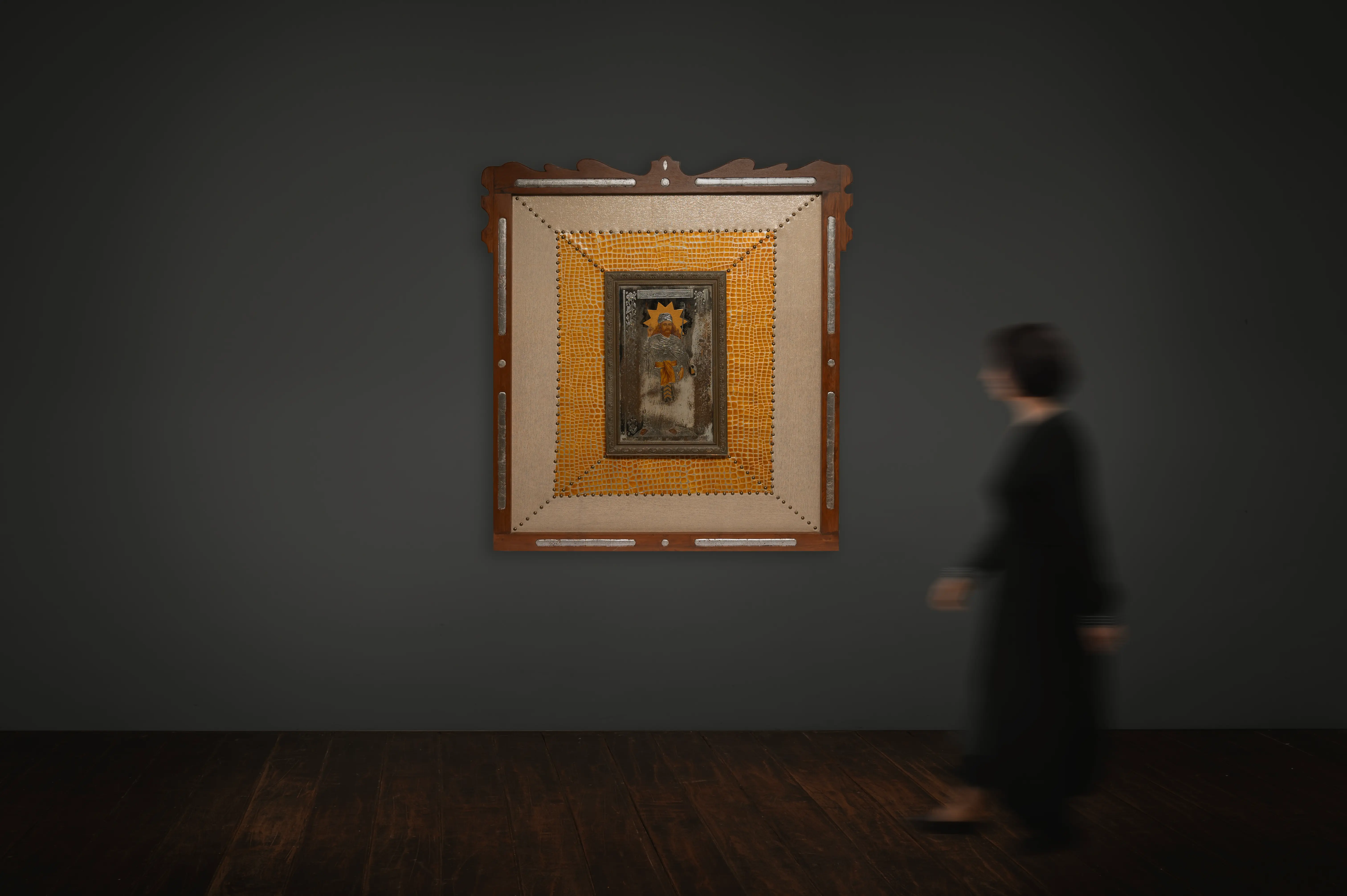 Silver and Gold Backed Etched Mirror layered with a Zoroastrian Lithograph of Ahura Mazda