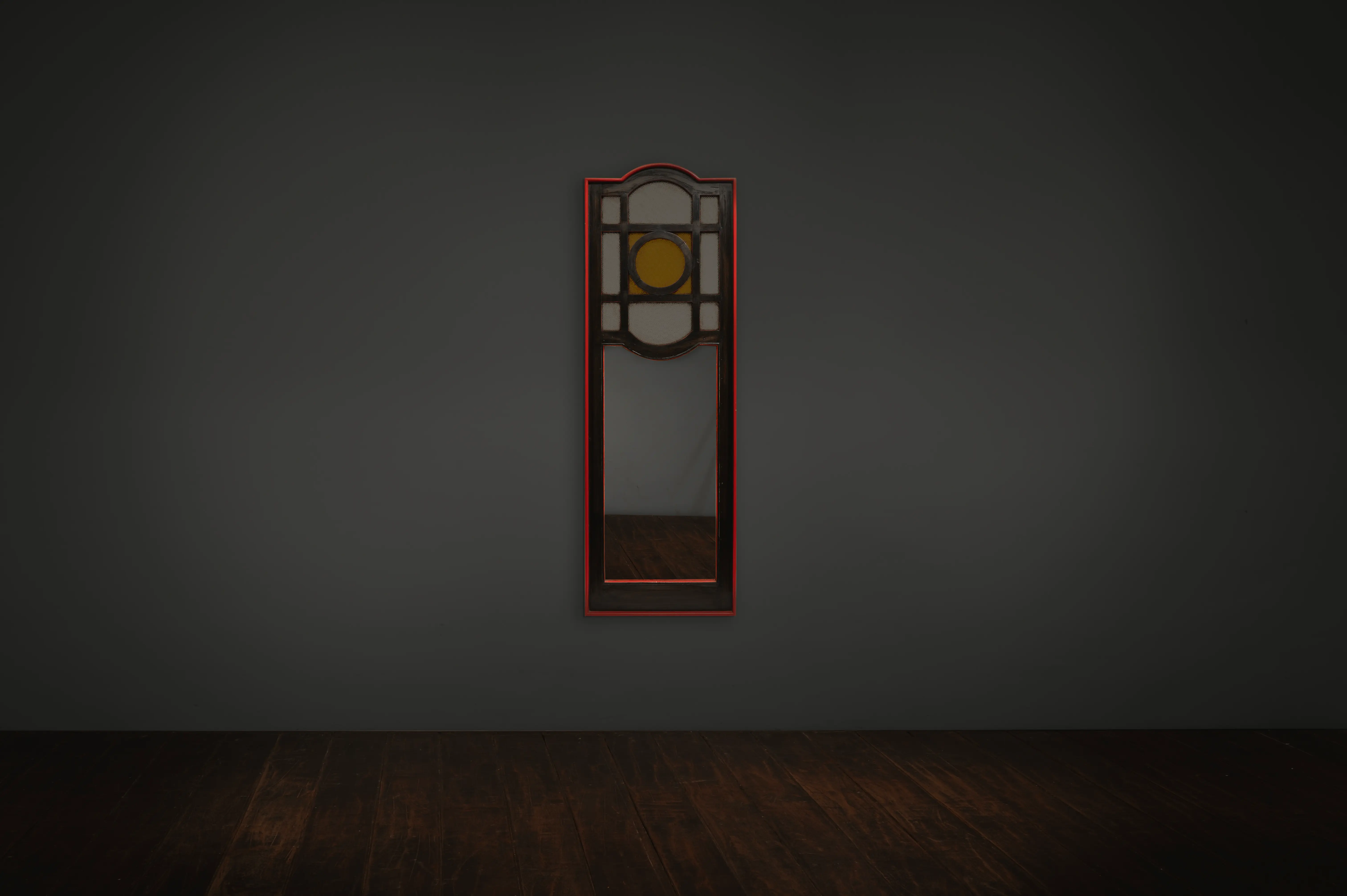 Vintage 2-Panel Wooden Screen with Stained Glass and Mirror Accent